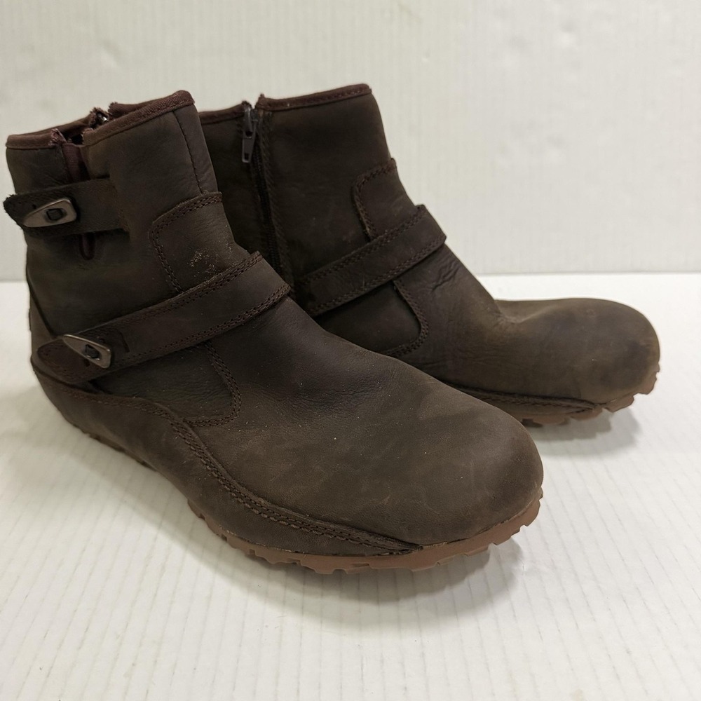 Merrell GripDry Bootie Boots Womens 7.5 Brown Leather Ankle Zip Strap Gorpcore